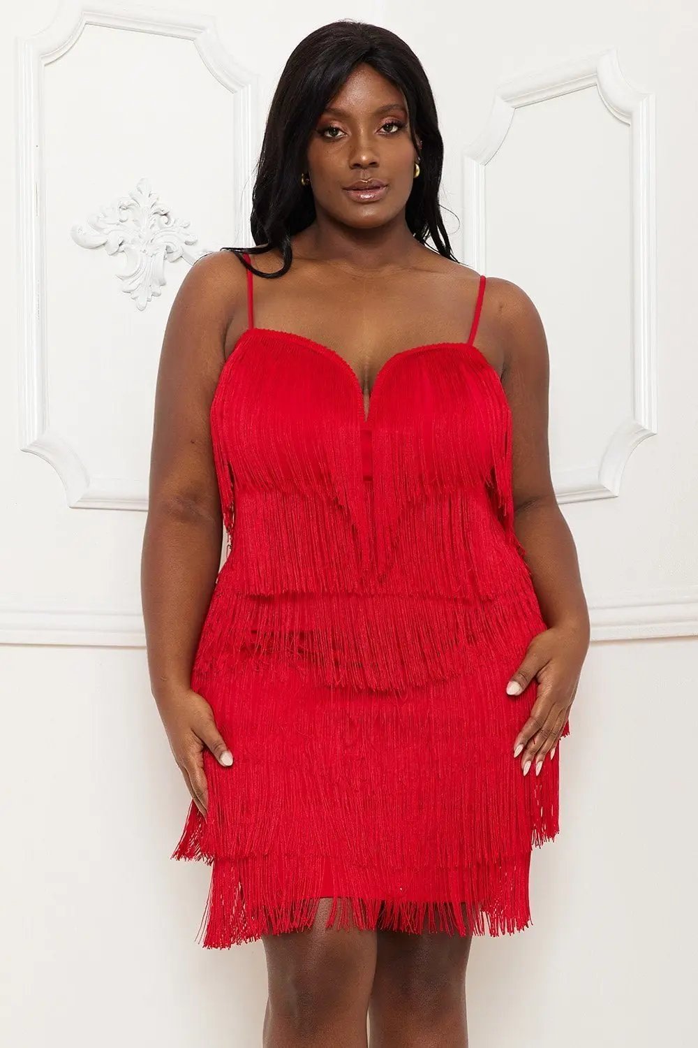 Plus Size Mini Dress - Layered Fringe Party Frock With Adjustable Straps BOUTINIE