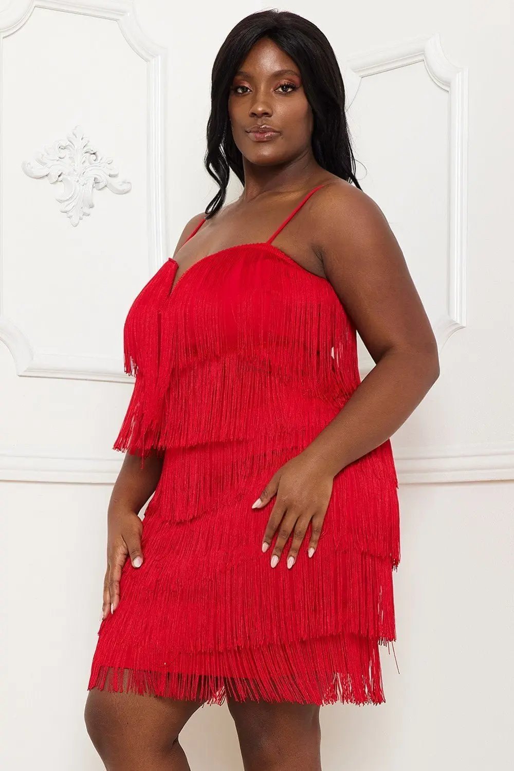 Plus Size Mini Dress - Layered Fringe Party Frock With Adjustable Straps BOUTINIE