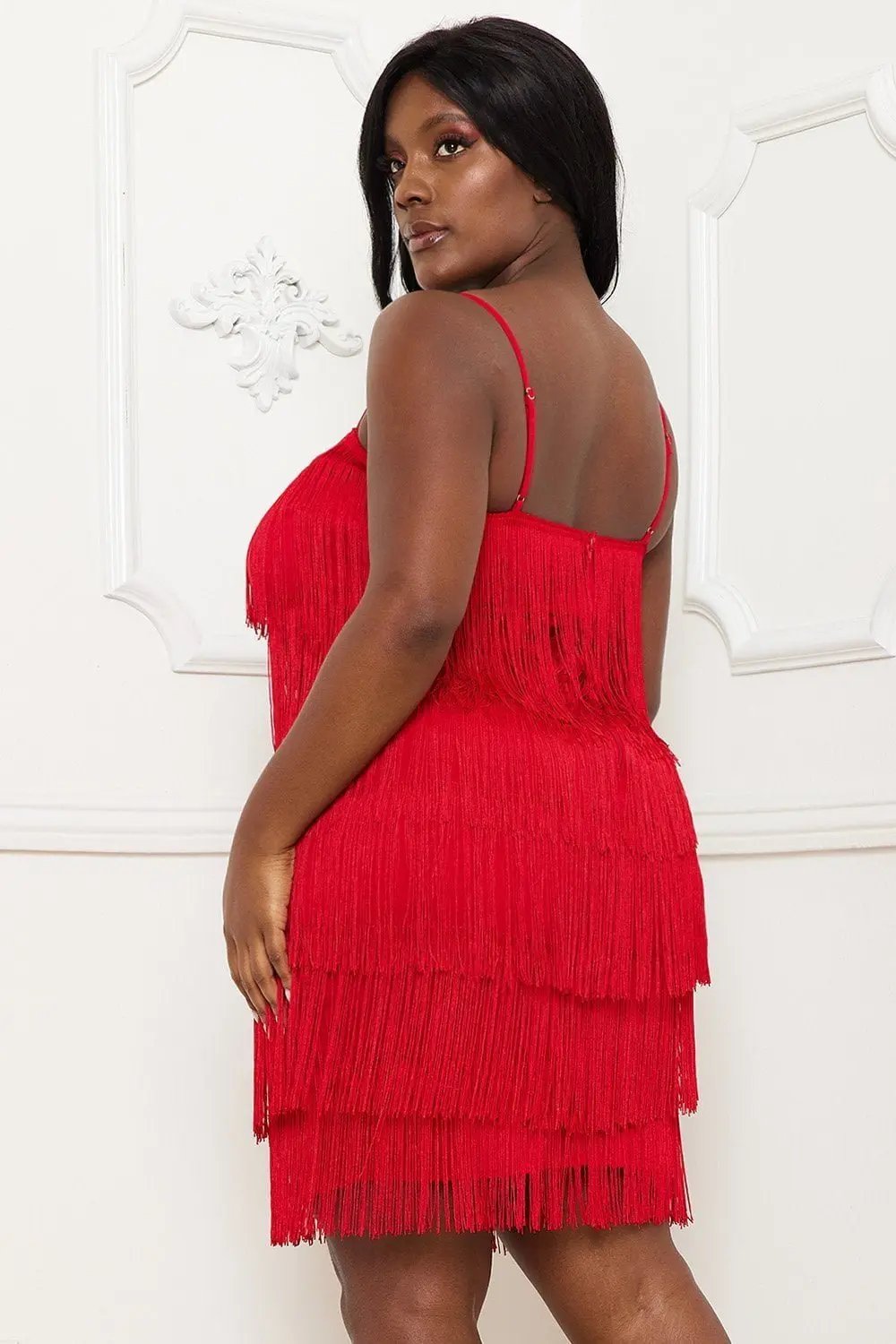 Plus Size Mini Dress - Layered Fringe Party Frock With Adjustable Straps BOUTINIE