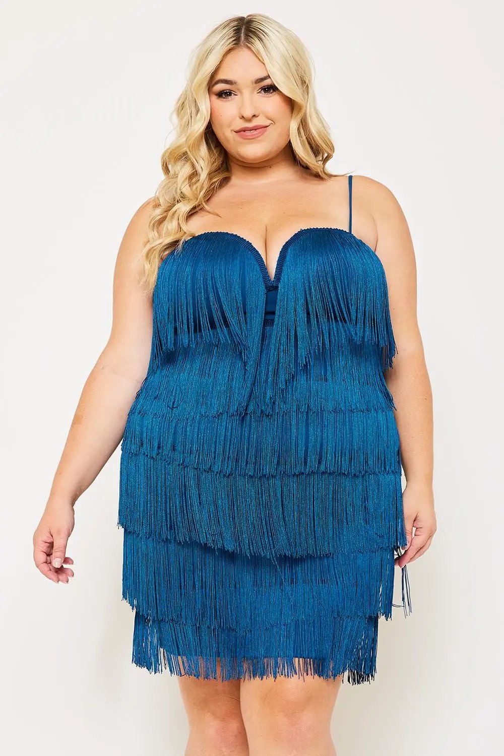 Plus Size Mini Dress - Layered Fringe Party Frock With Adjustable Straps BOUTINIE