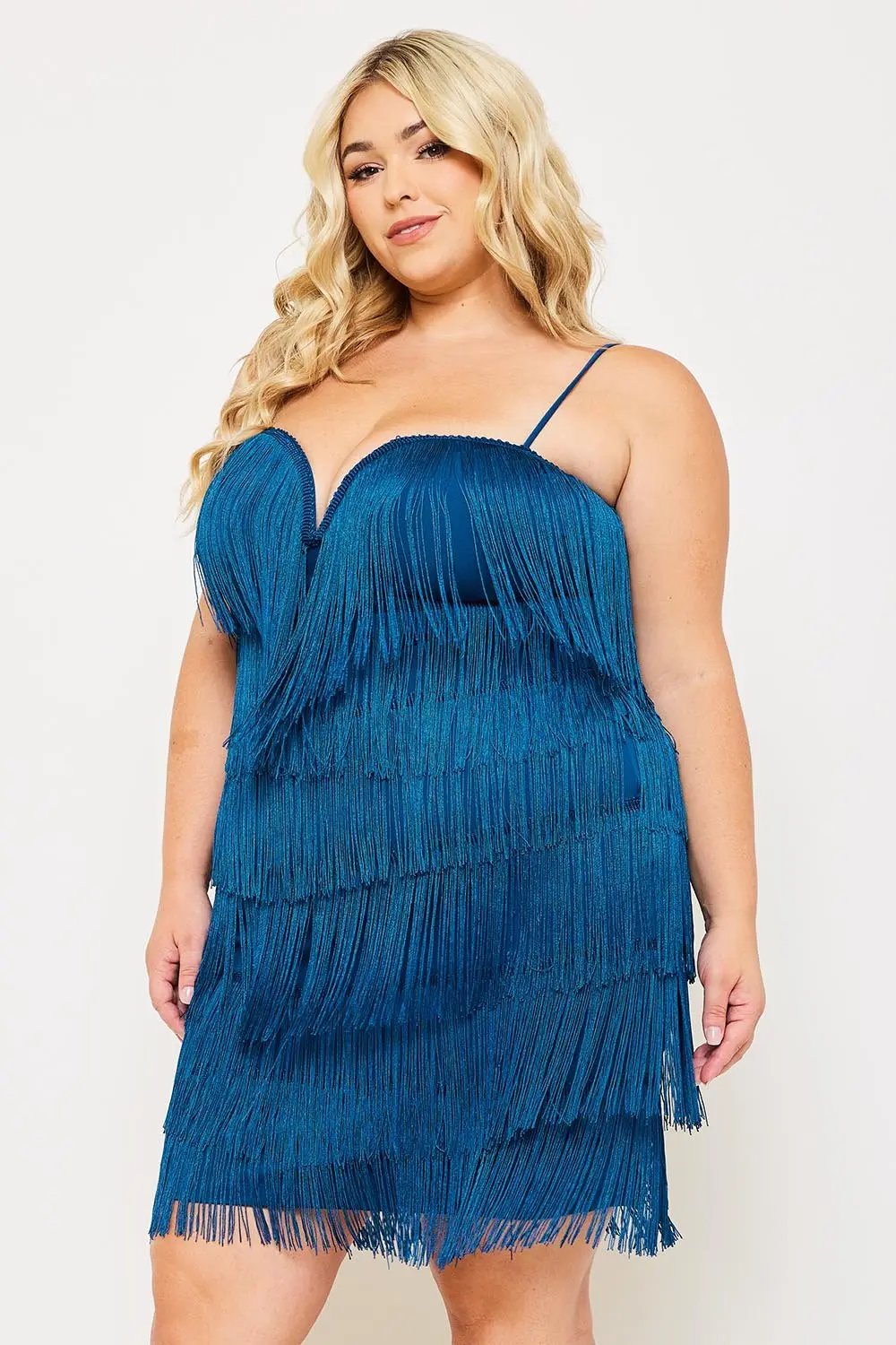 Plus Size Mini Dress - Layered Fringe Party Frock With Adjustable Straps BOUTINIE