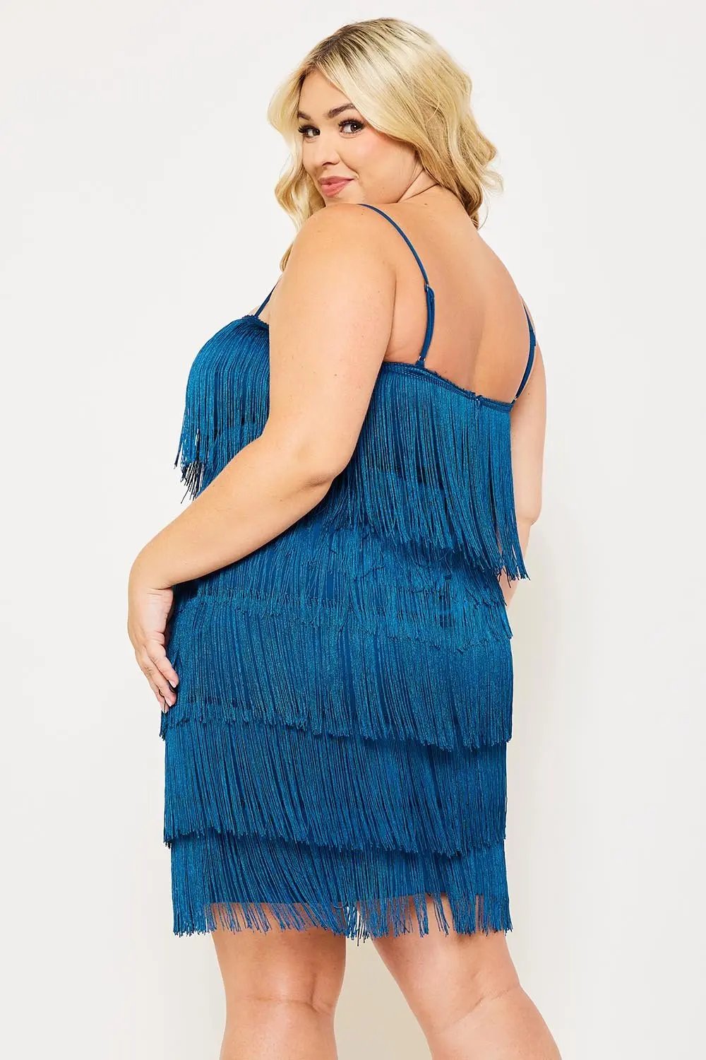 Plus Size Mini Dress - Layered Fringe Party Frock With Adjustable Straps BOUTINIE