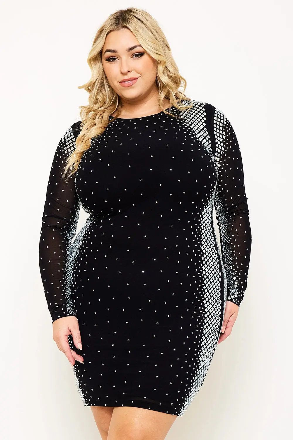 Plus Size Mini Dress - Rhinestone Mesh Square Neck Sheer Sleeve BOUTINIE