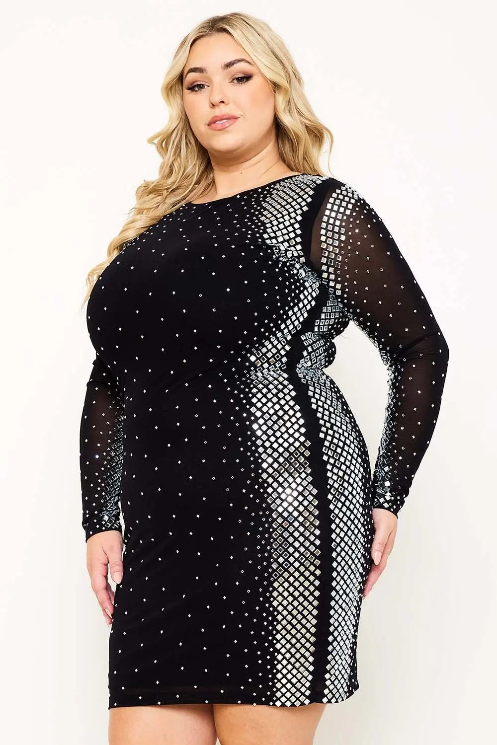 Plus Size Mini Dress - Rhinestone Mesh Square Neck Sheer Sleeve BOUTINIE