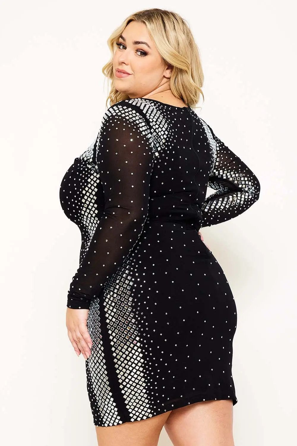 Plus Size Mini Dress - Rhinestone Mesh Square Neck Sheer Sleeve BOUTINIE