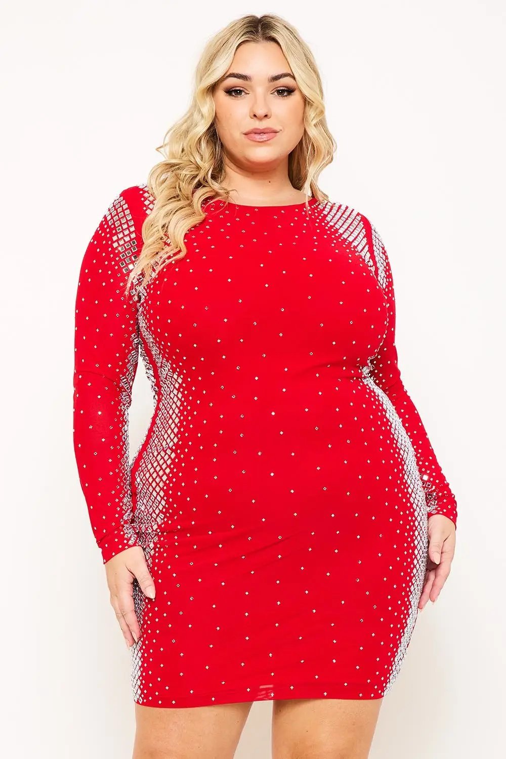 Plus Size Mini Dress - Rhinestone Mesh Square Neck Sheer Sleeve BOUTINIE