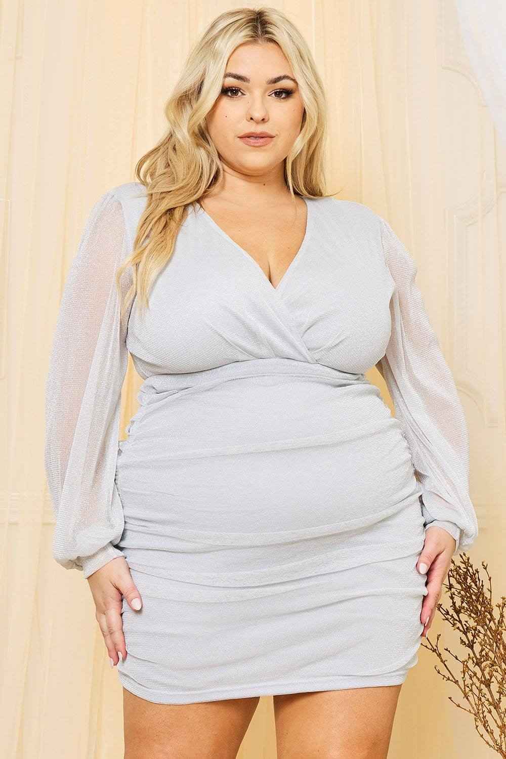 Glitter Mesh Shirring Side Plus Mini Dress