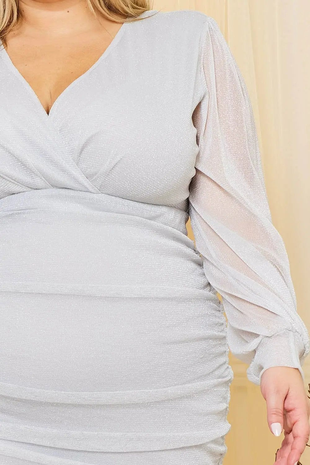 Plus Mini Dress - Glitter Mesh Shirring Side Party Dress BOUTINIE