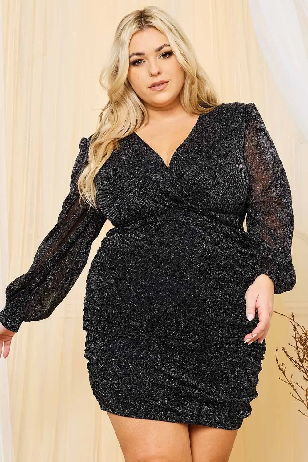 Plus Mini Dress - Glitter Mesh Shirring Side Party Dress BOUTINIE