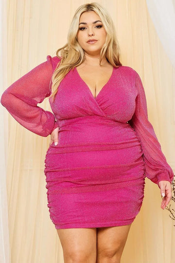 Plus Mini Dress - Glitter Mesh Shirring Side Party Dress BOUTINIE