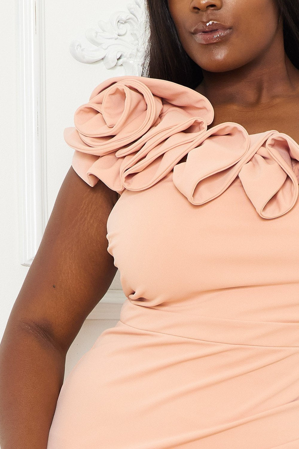 Plus Size Maxi Dress - Flower Wrap One Shoulder Pleated Waist Dress BOUTINIE