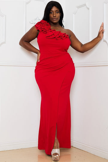 Plus Size Maxi Dress - Flower Wrap One Shoulder Pleated Waist Dress BOUTINIE