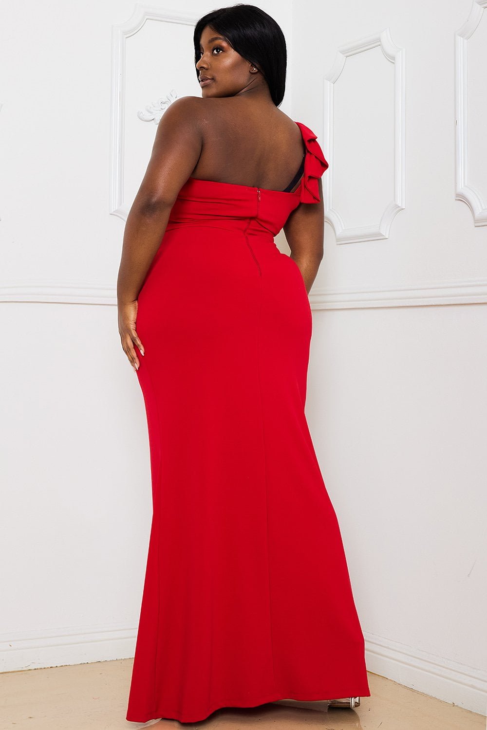 Plus Size Maxi Dress - Flower Wrap One Shoulder Pleated Waist Dress BOUTINIE