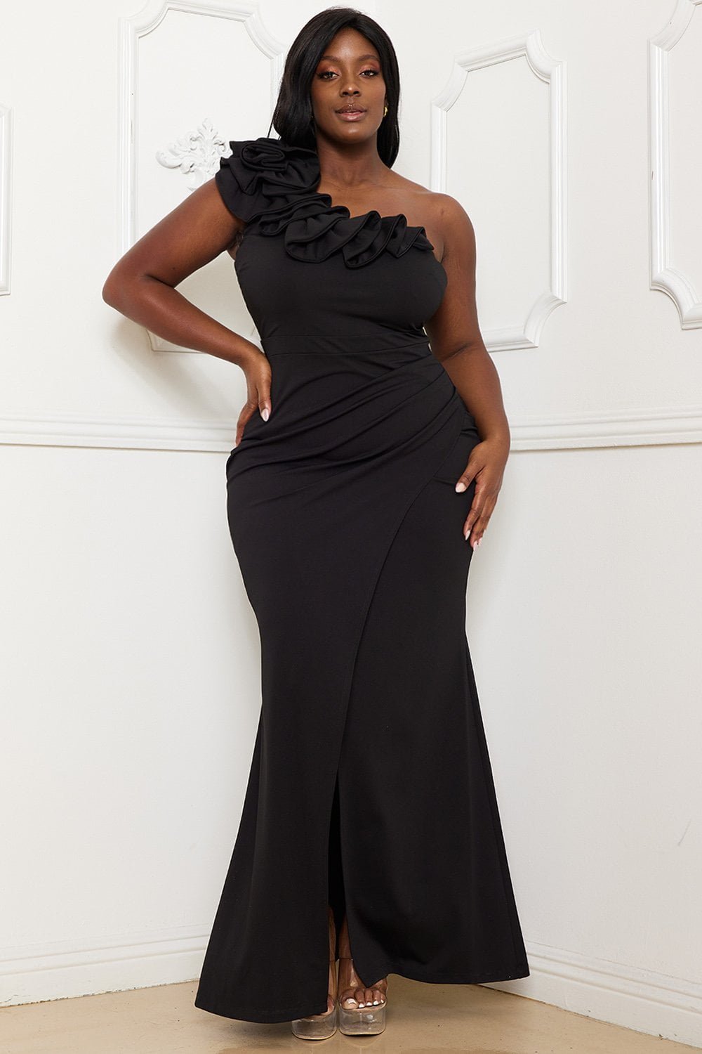 Plus Size Maxi Dress - Flower Wrap One Shoulder Pleated Waist Dress BOUTINIE