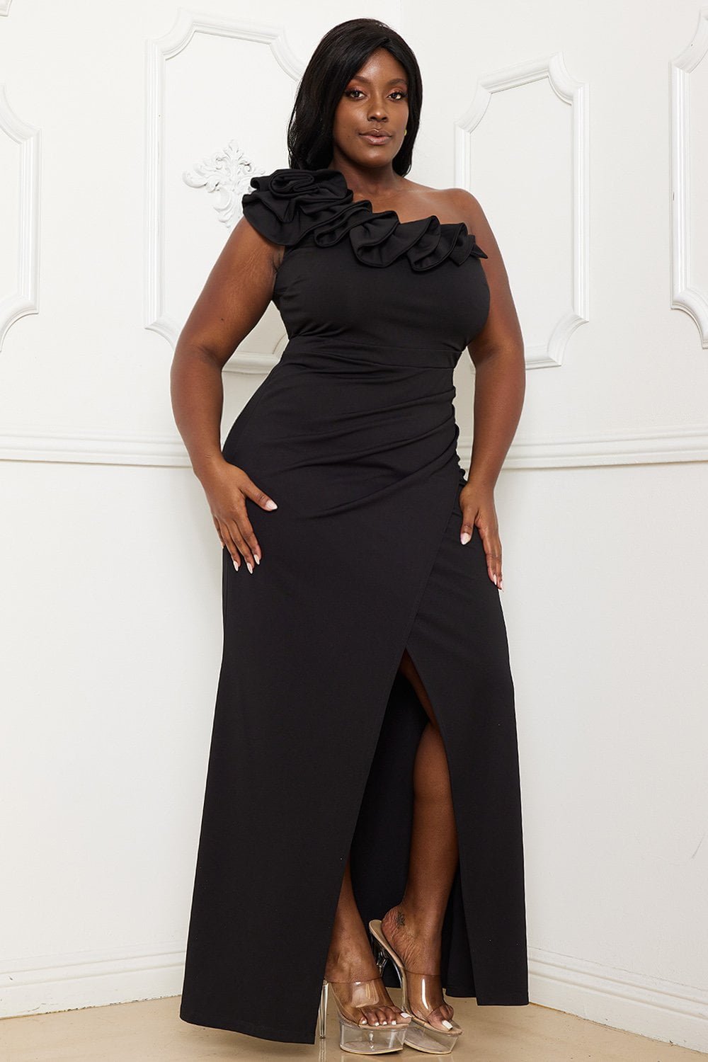 Plus Size Maxi Dress - Flower Wrap One Shoulder Pleated Waist Dress BOUTINIE