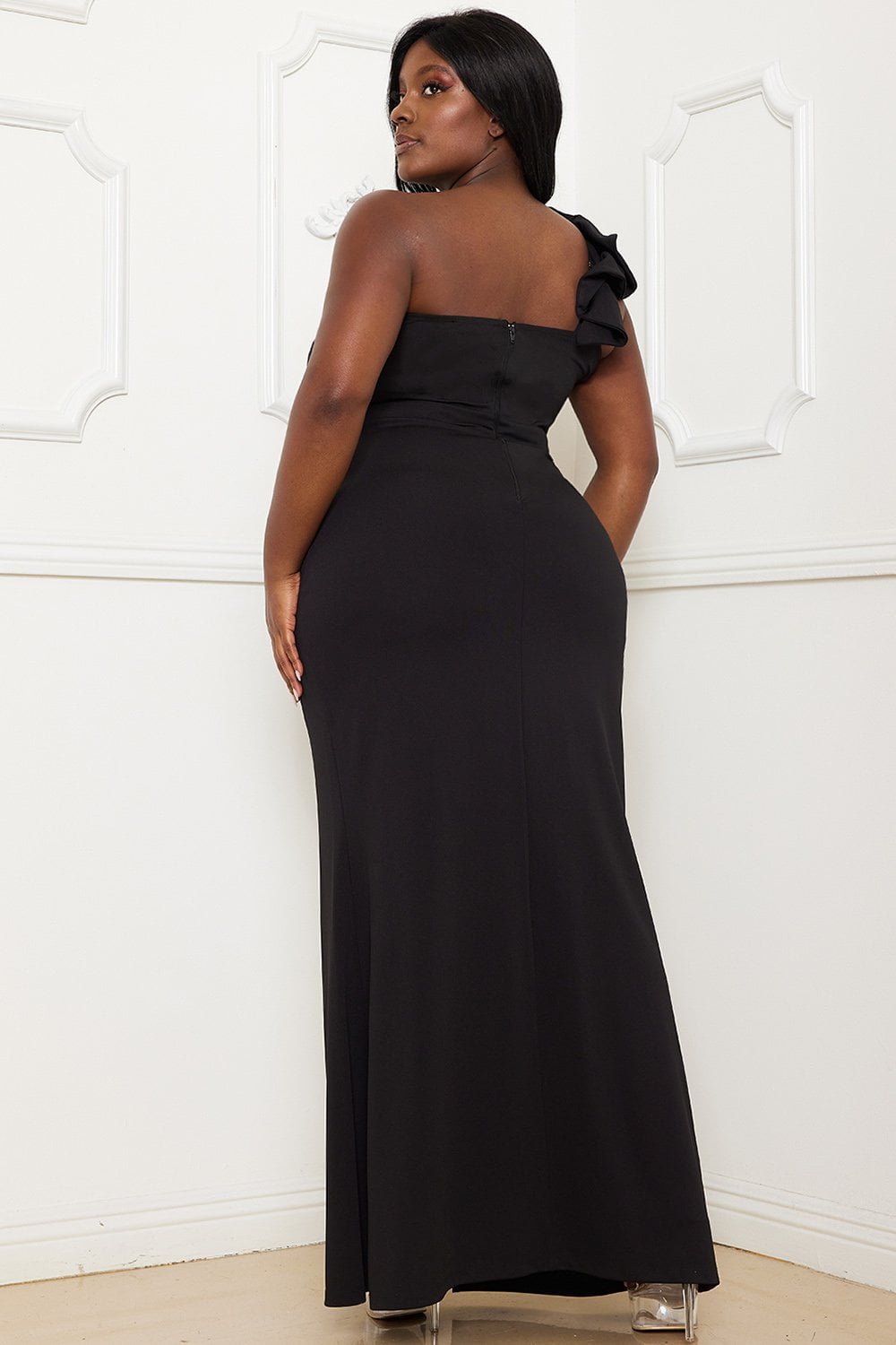 Plus Size Maxi Dress - Flower Wrap One Shoulder Pleated Waist Dress BOUTINIE