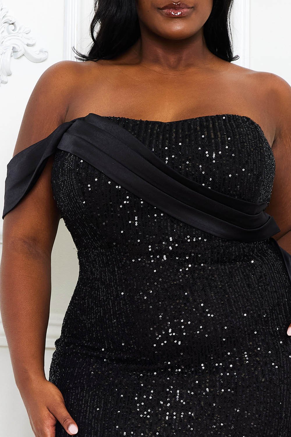 Sequin Satin Maxi Dress - Off Shoulder Plus Size Gown With Side Slit BOUTINIE