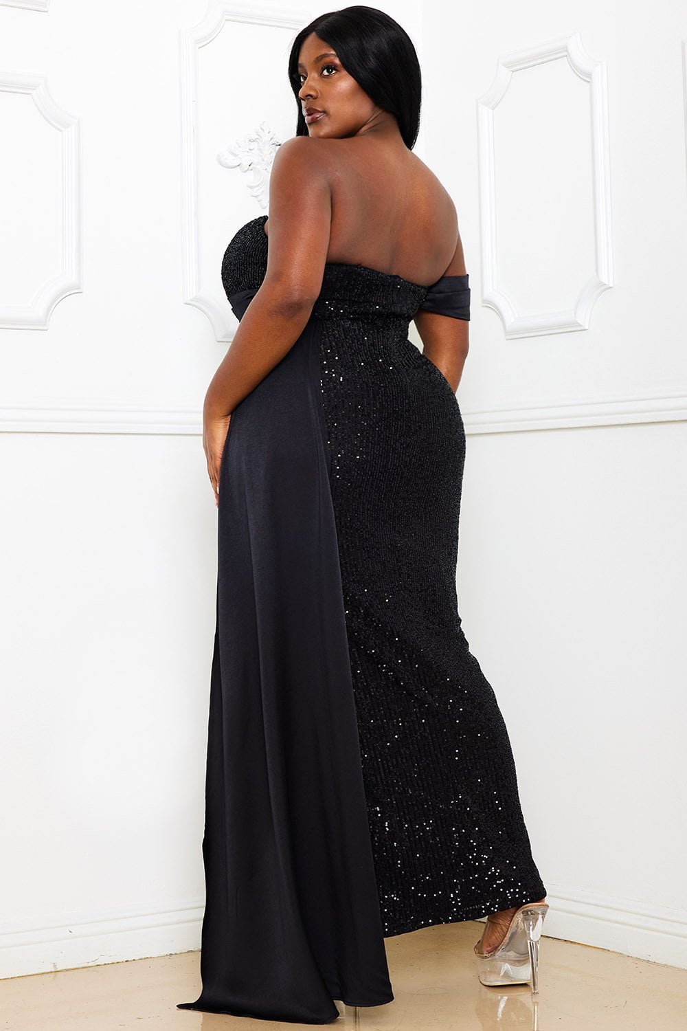 Sequin Satin Maxi Dress - Off Shoulder Plus Size Gown With Side Slit BOUTINIE