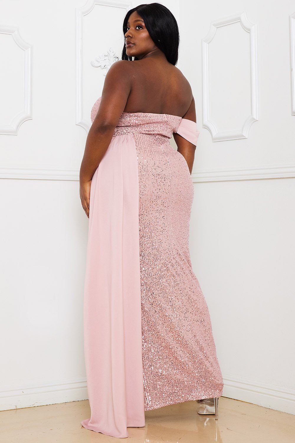 Sequin Satin Maxi Dress - Off Shoulder Plus Size Gown With Side Slit BOUTINIE