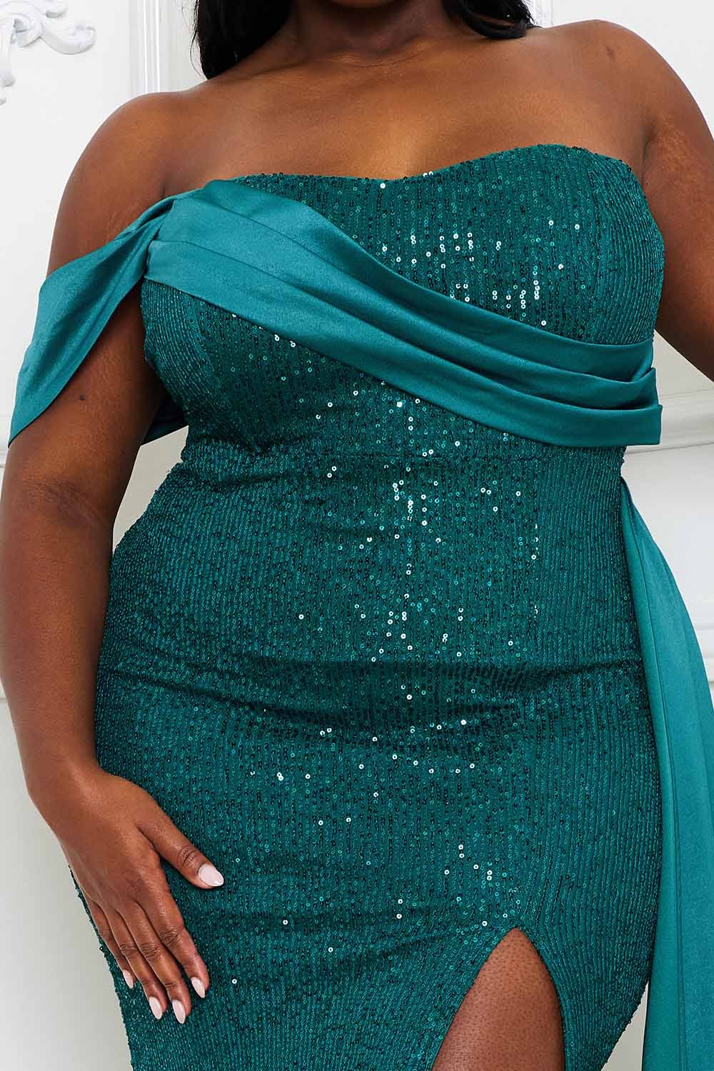Sequin Satin Maxi Dress - Off Shoulder Plus Size Gown With Side Slit BOUTINIE