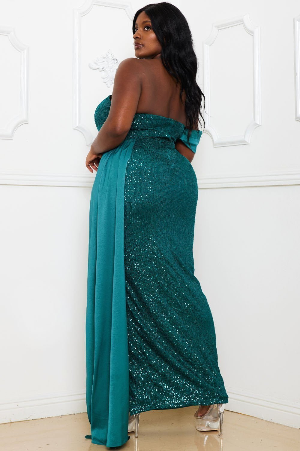 Sequin Satin Maxi Dress - Off Shoulder Plus Size Gown With Side Slit BOUTINIE