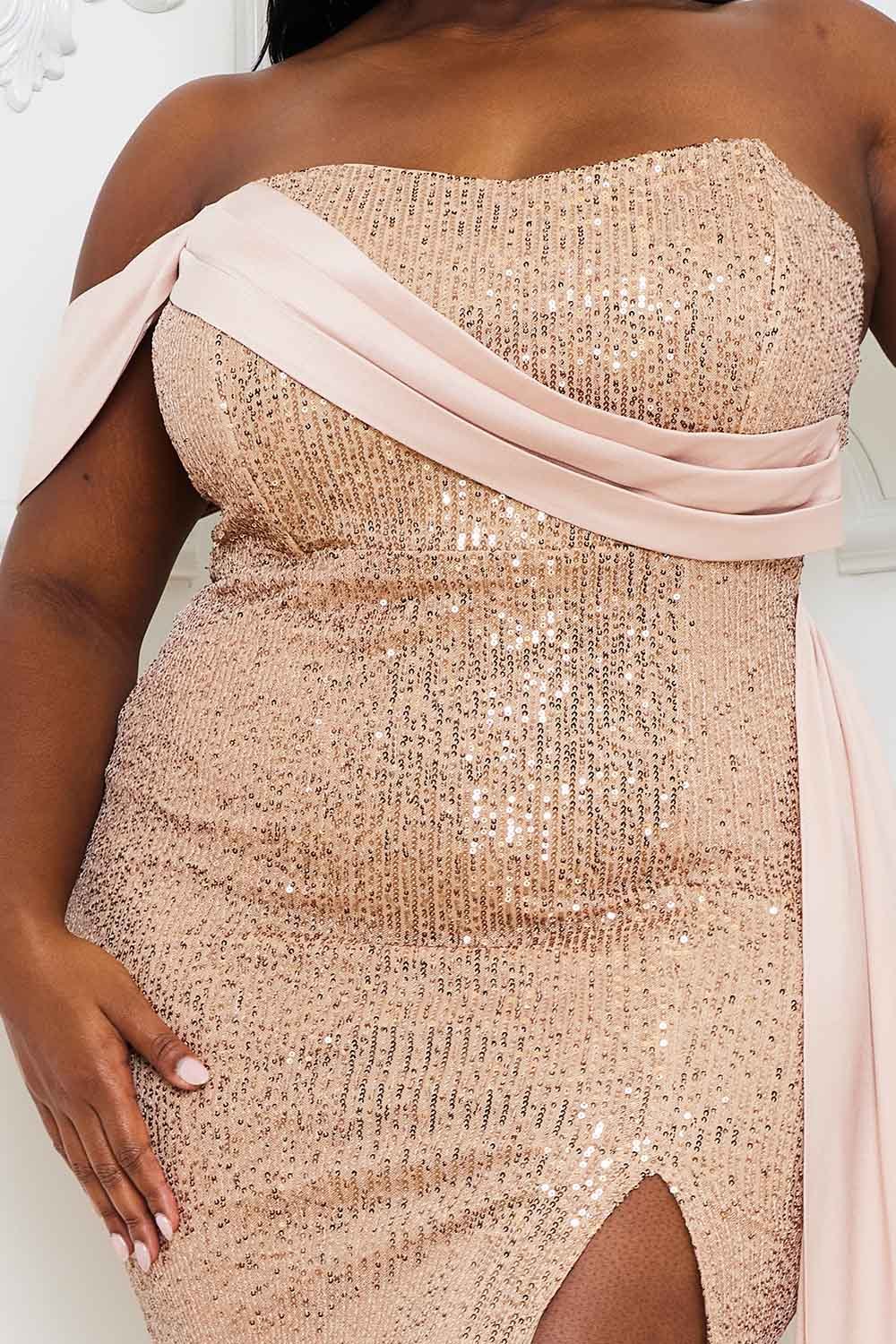 Sequin Satin Maxi Dress - Off Shoulder Plus Size Gown With Side Slit BOUTINIE