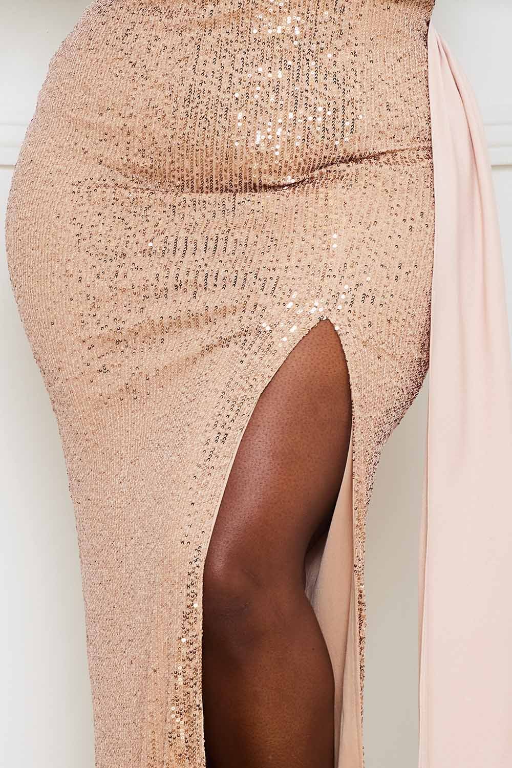 Sequin Satin Maxi Dress - Off Shoulder Plus Size Gown With Side Slit BOUTINIE