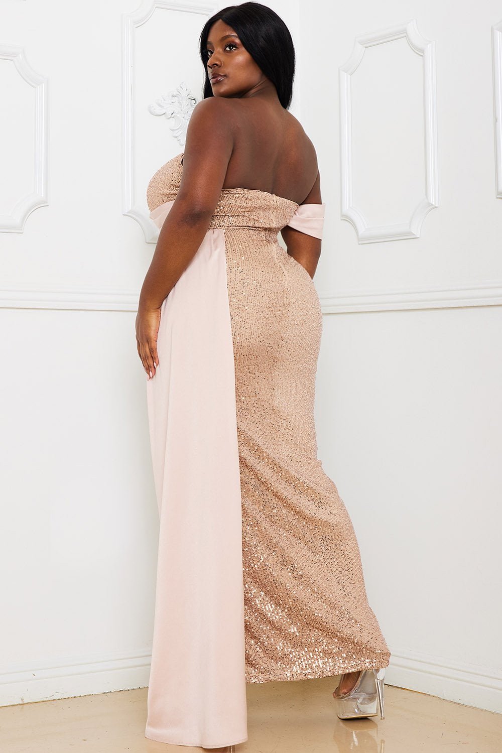Sequin Satin Maxi Dress - Off Shoulder Plus Size Gown With Side Slit BOUTINIE