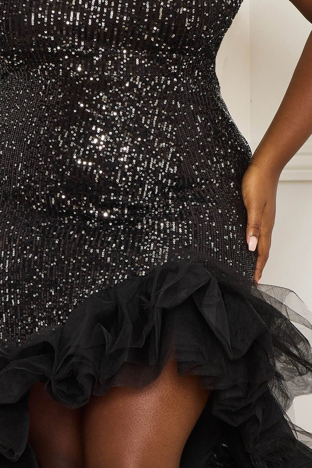 Sequin Plus Size Dress – One Shoulder Maxi Gown With Mesh Ruffle Hem BOUTINIE