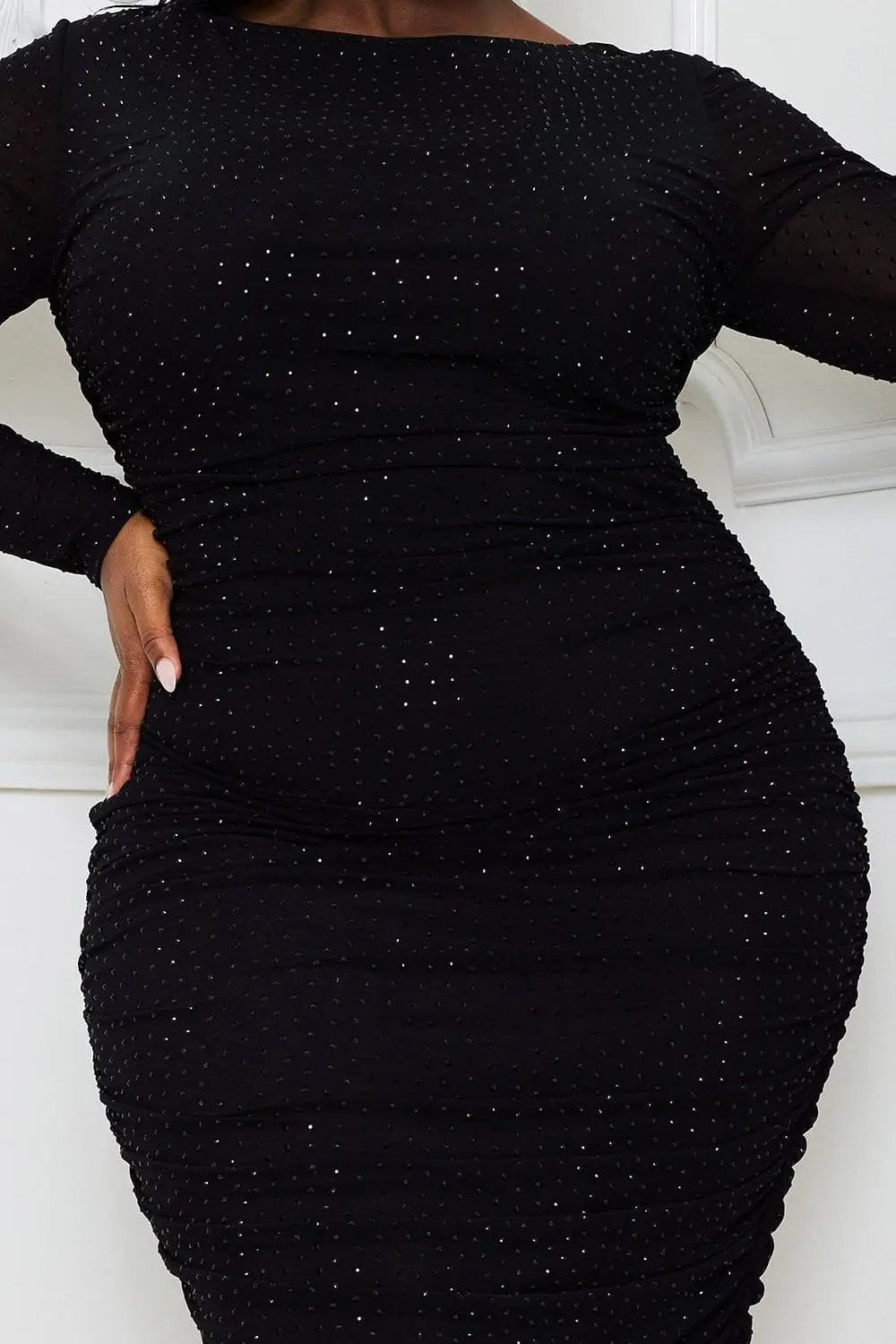 Plus Size Maxi Dress - Rhinestone Mesh Pleated Gown With Slit Hem BOUTINIE