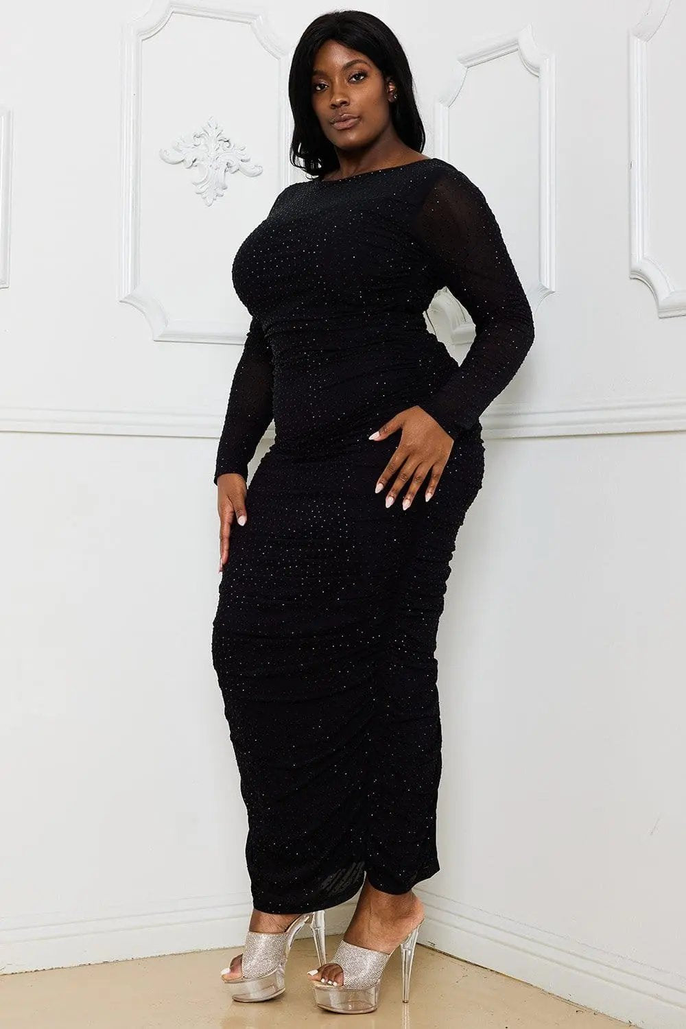 Plus Size Maxi Dress - Rhinestone Mesh Pleated Gown With Slit Hem BOUTINIE