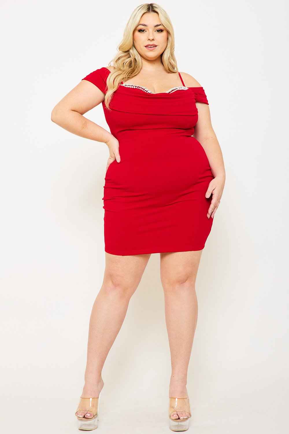 Rhinestone Trim Plus Size Mini Dress by Boutinie - Style IXD9843SP