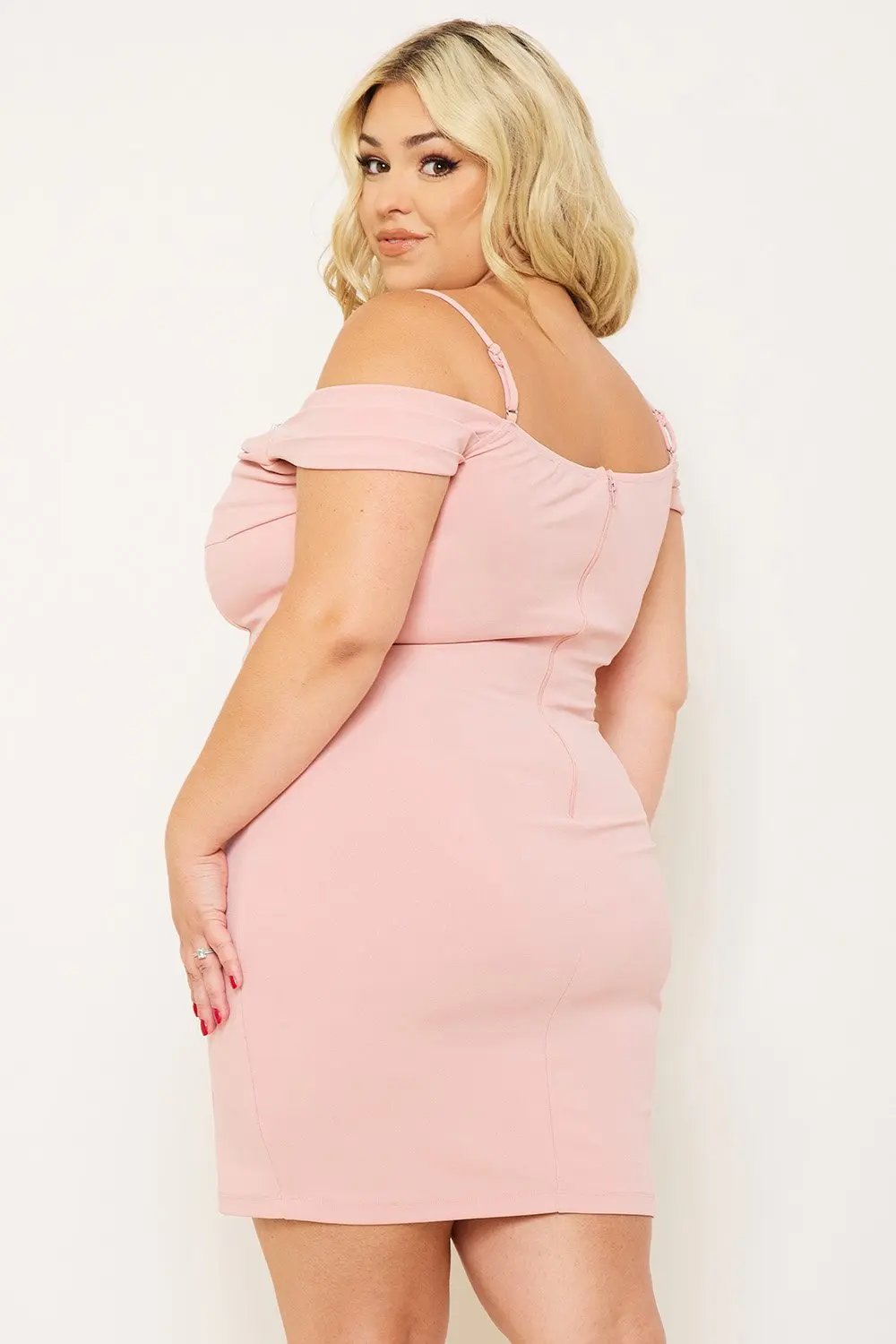 Plus Size Mini Dress - Rhinestone Trim, Open Shoulder, Pleated Bust BOUTINIE