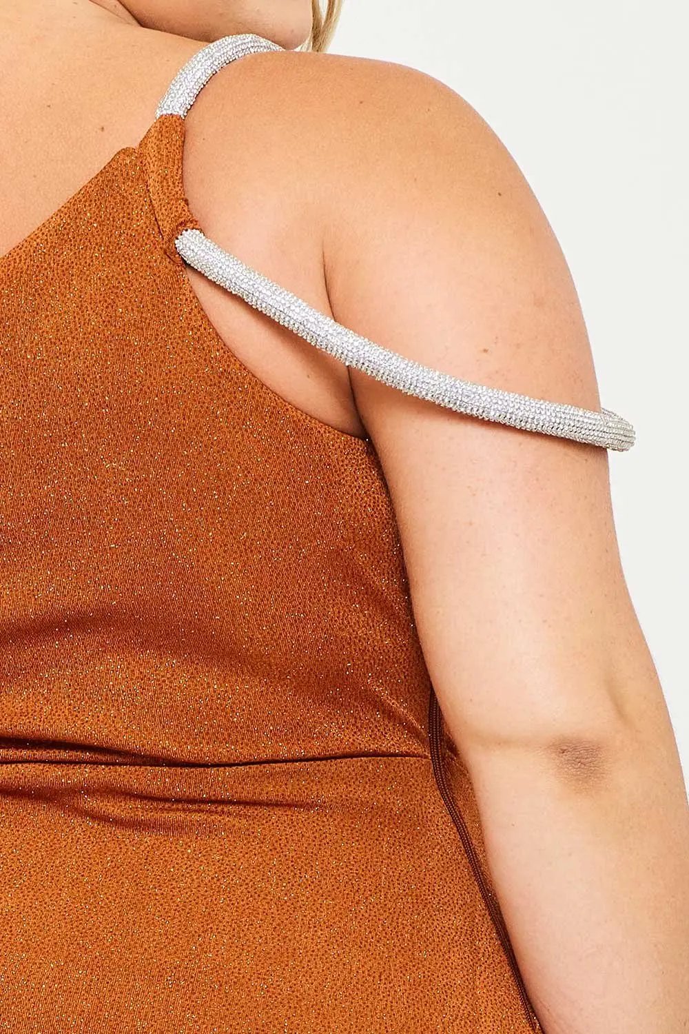 Plus Size Maxi Dress – One Shoulder Glitter Gown With Rhinestone Chain BOUTINIE