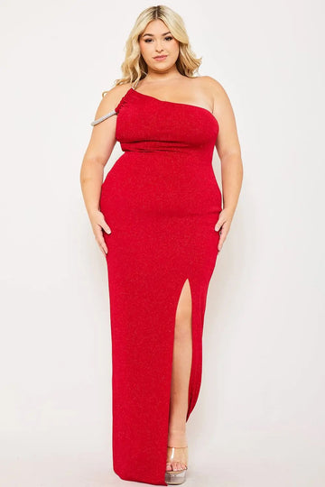 Plus Size Maxi Dress – One Shoulder Glitter Gown With Rhinestone Chain BOUTINIE
