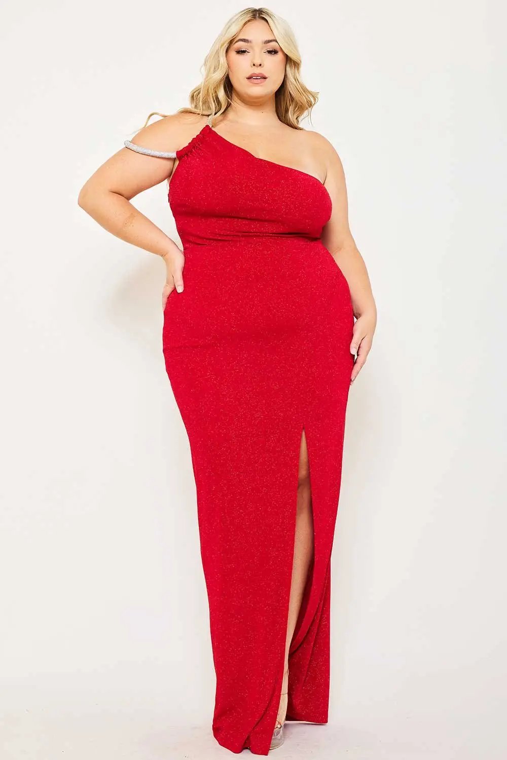 Plus Size Maxi Dress – One Shoulder Glitter Gown With Rhinestone Chain BOUTINIE