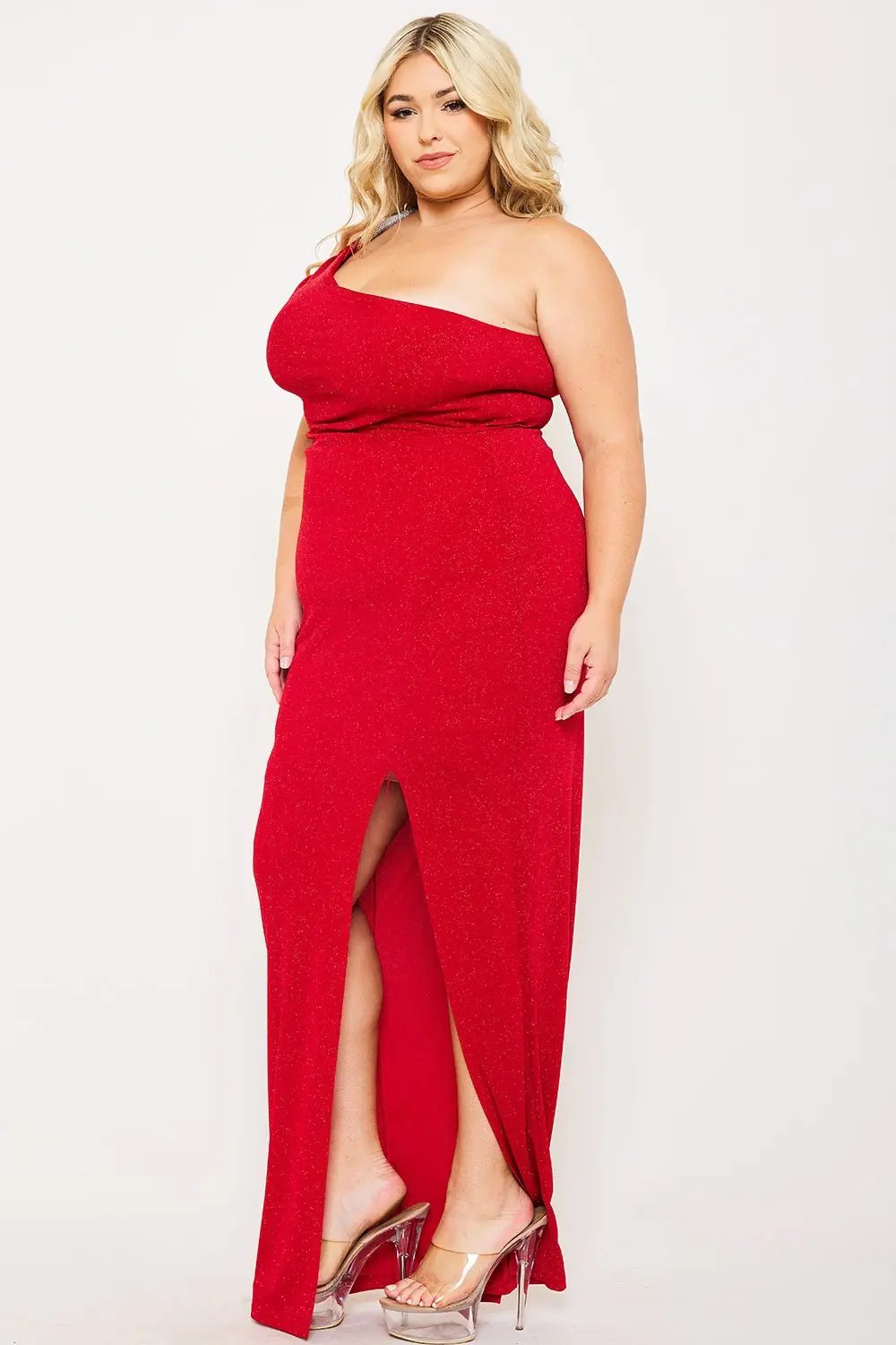 Plus Size Maxi Dress – One Shoulder Glitter Gown With Rhinestone Chain BOUTINIE