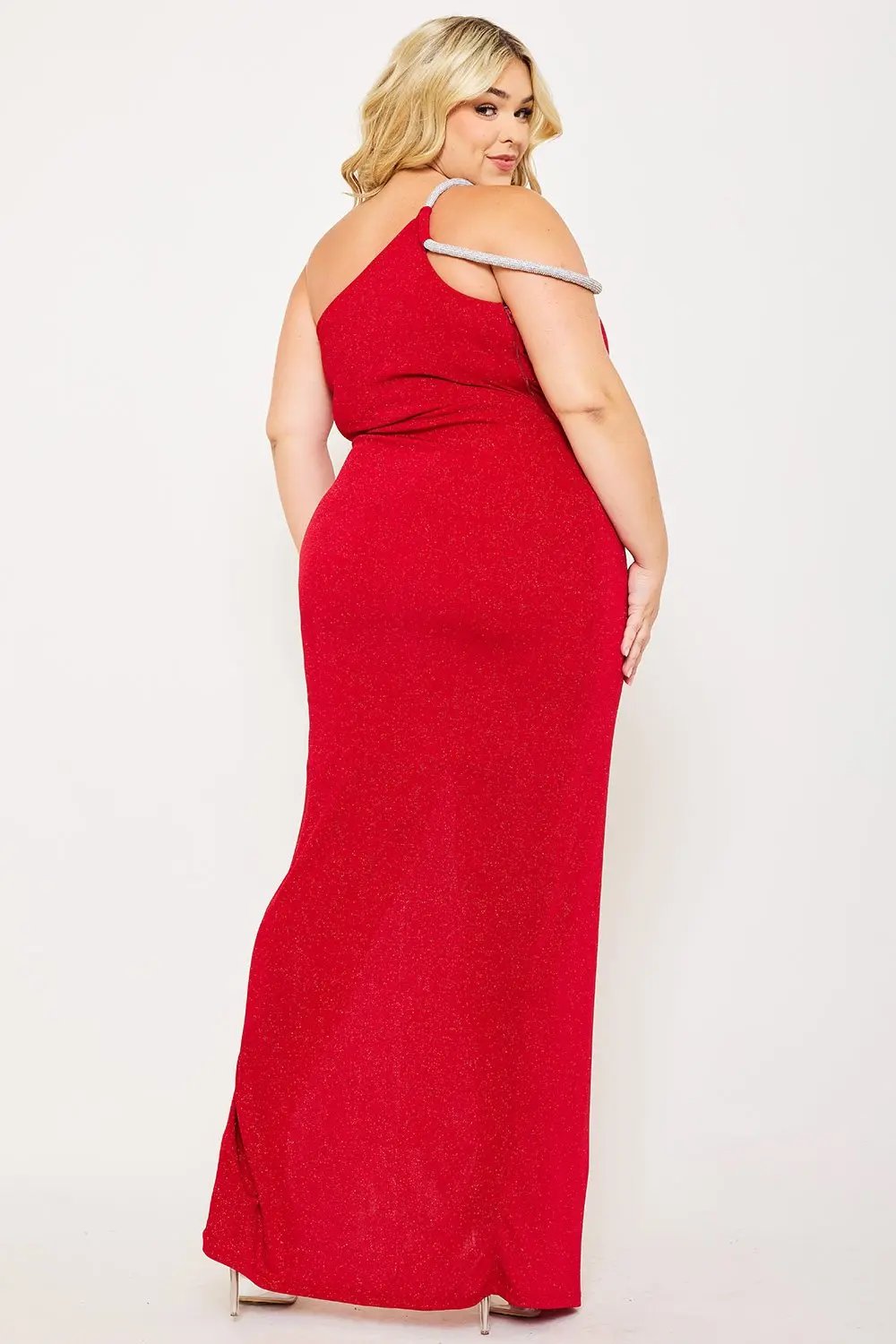 Plus Size Maxi Dress – One Shoulder Glitter Gown With Rhinestone Chain BOUTINIE