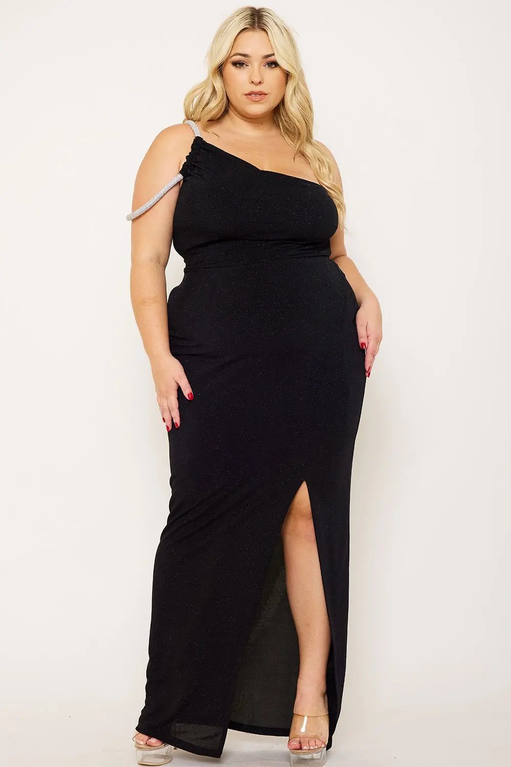 Plus Size Maxi Dress – One Shoulder Glitter Gown With Rhinestone Chain BOUTINIE