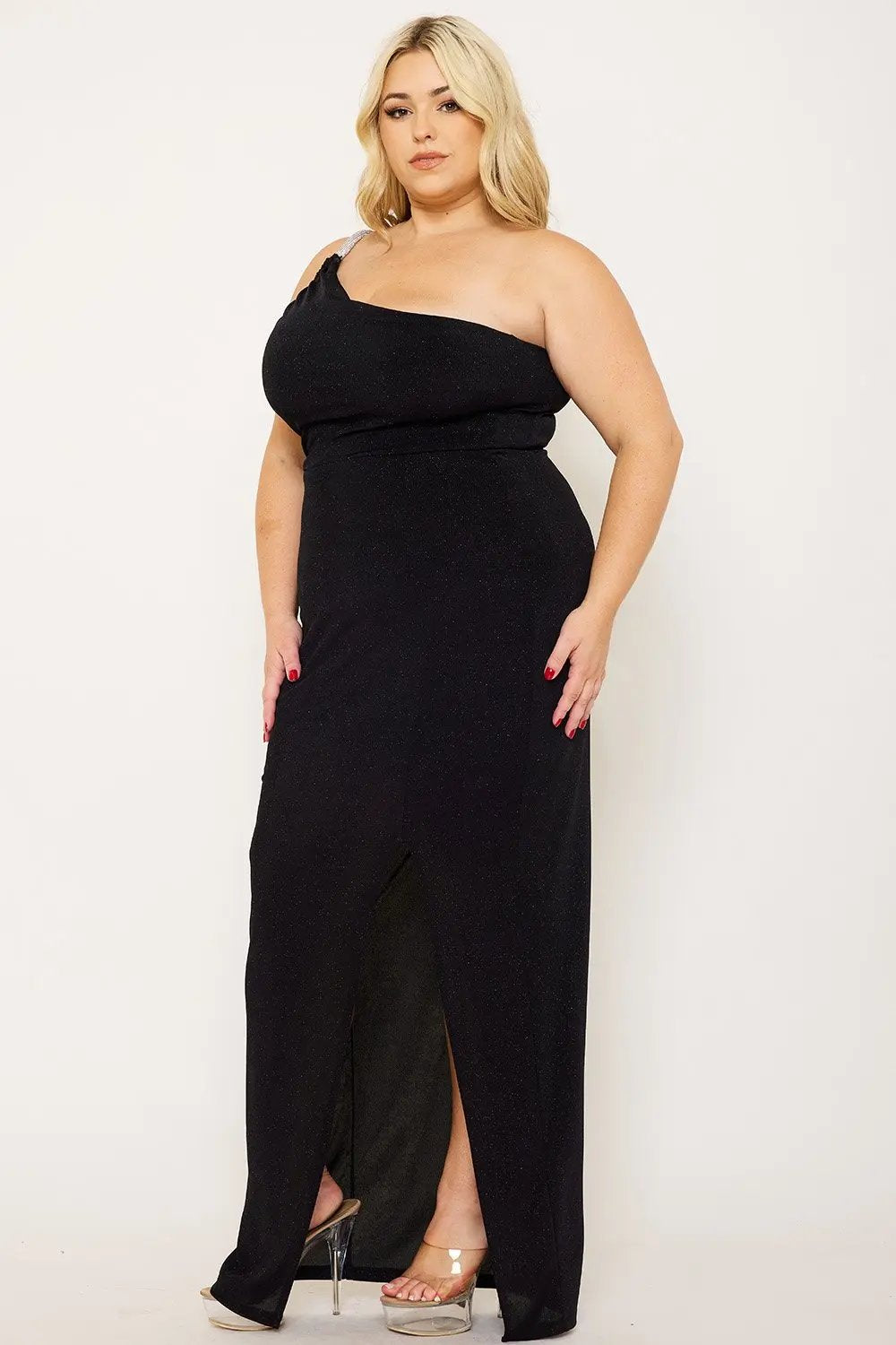 Plus Size Maxi Dress – One Shoulder Glitter Gown With Rhinestone Chain BOUTINIE