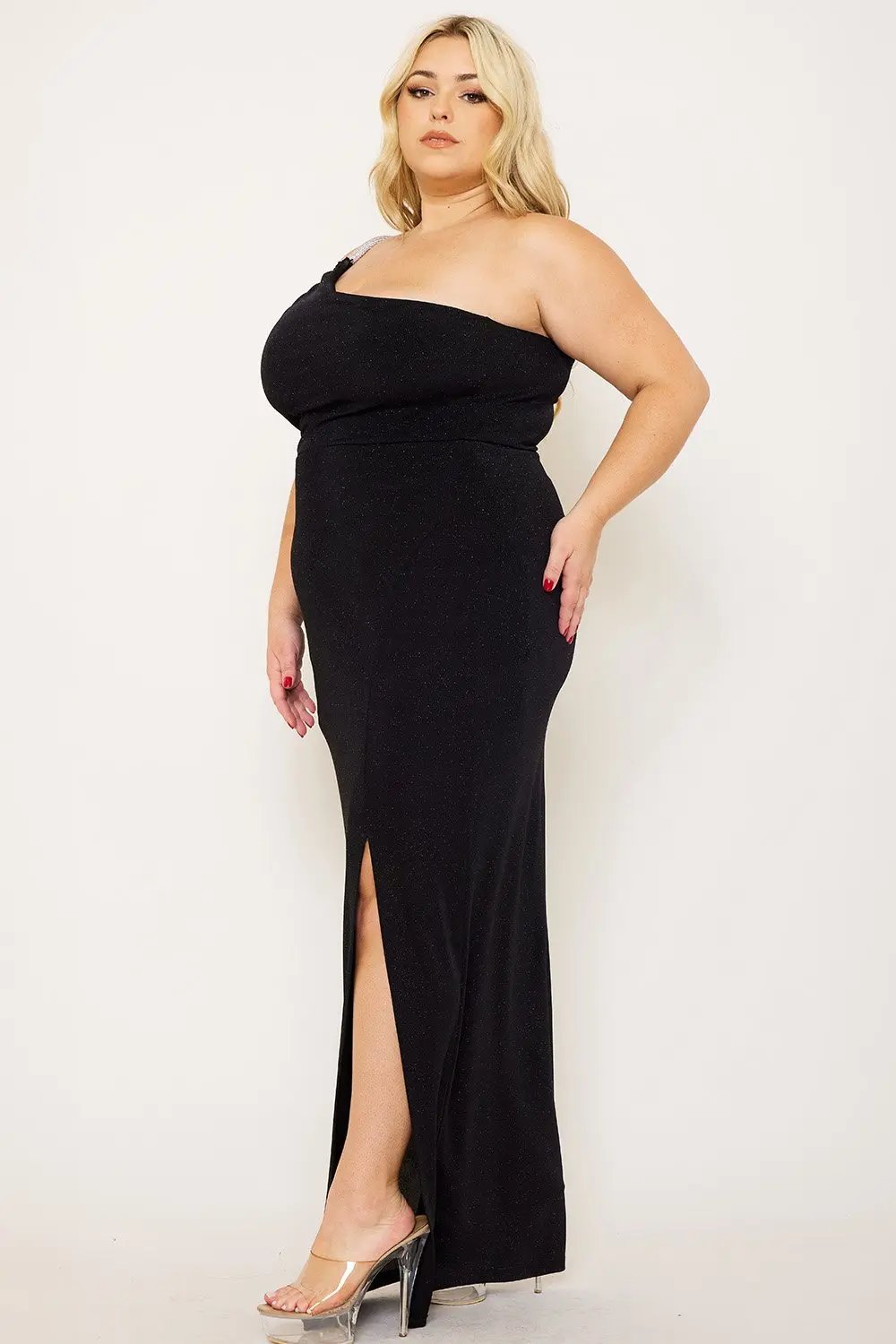 Plus Size Maxi Dress – One Shoulder Glitter Gown With Rhinestone Chain BOUTINIE