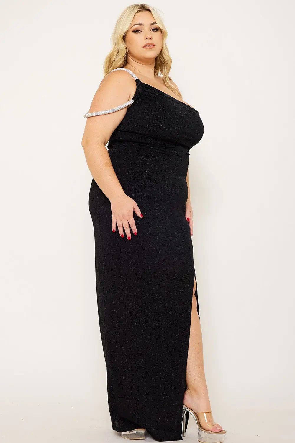 Plus Size Maxi Dress – One Shoulder Glitter Gown With Rhinestone Chain BOUTINIE