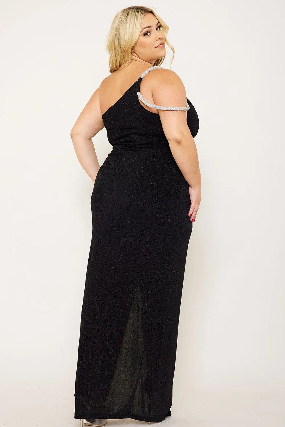 Plus Size Maxi Dress – One Shoulder Glitter Gown With Rhinestone Chain BOUTINIE