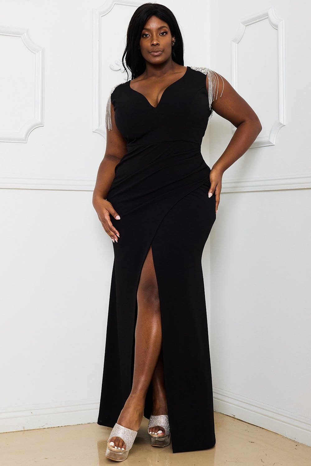 Plus Maxi Dress - Rhinestone Shoulder Wrap Skirt With Fringe Detail BOUTINIE