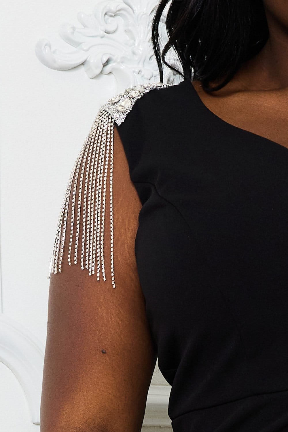 Plus Maxi Dress - Rhinestone Shoulder Wrap Skirt With Fringe Detail BOUTINIE