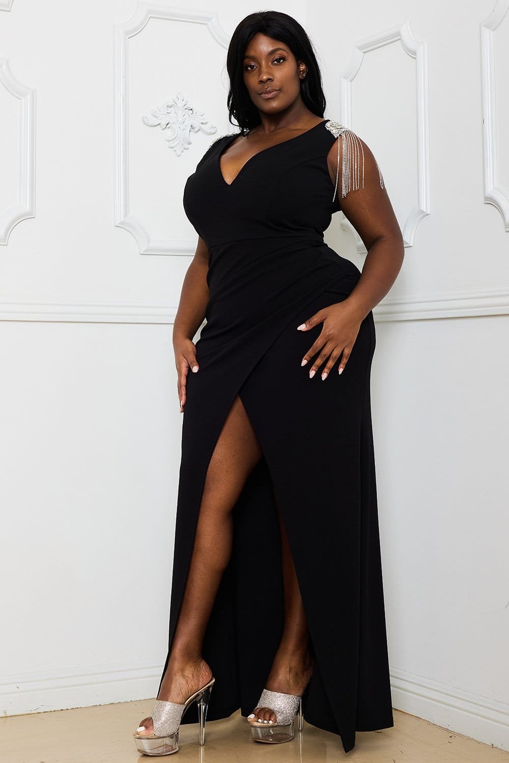 Plus Maxi Dress - Rhinestone Shoulder Wrap Skirt With Fringe Detail BOUTINIE