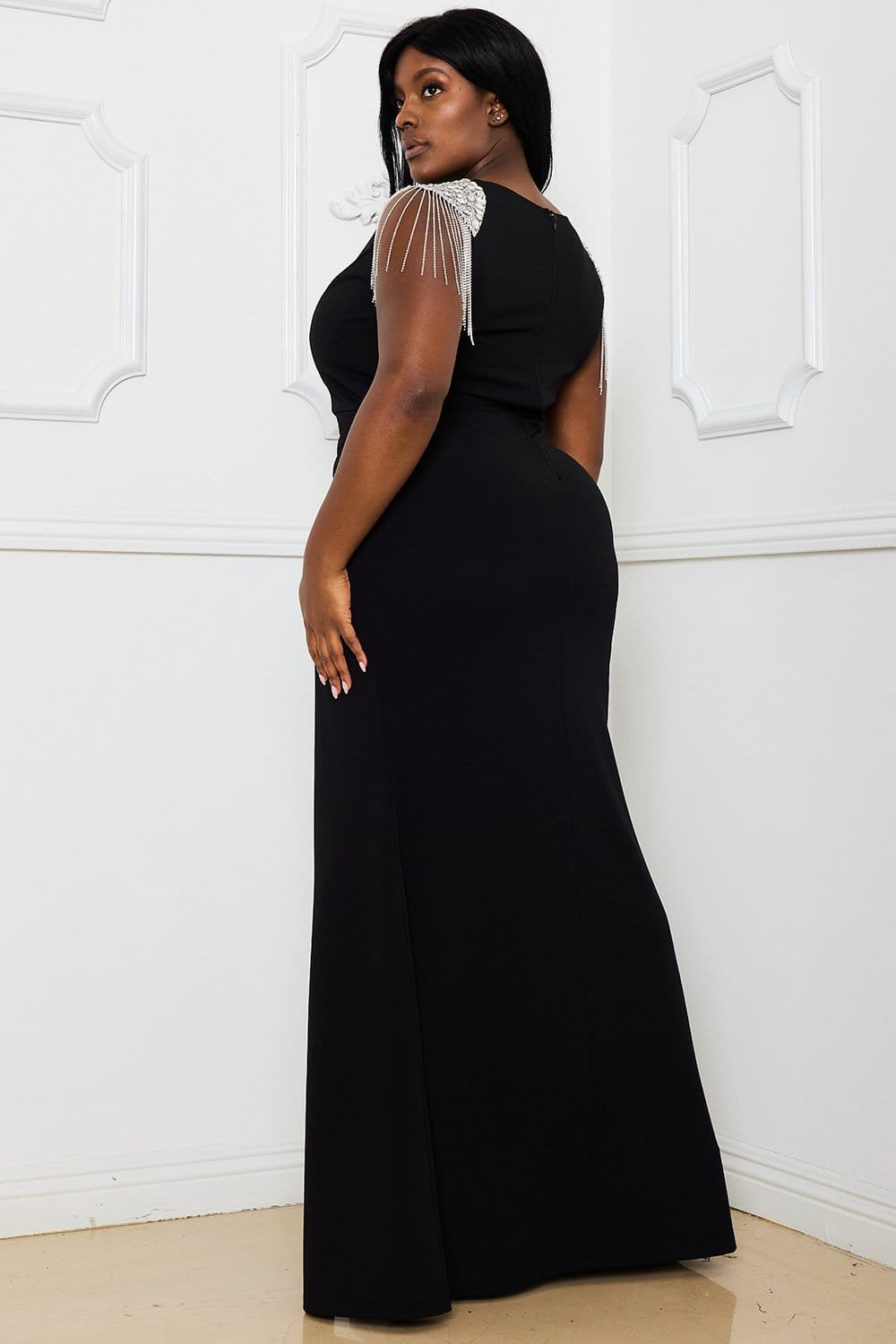 Plus Maxi Dress - Rhinestone Shoulder Wrap Skirt With Fringe Detail BOUTINIE