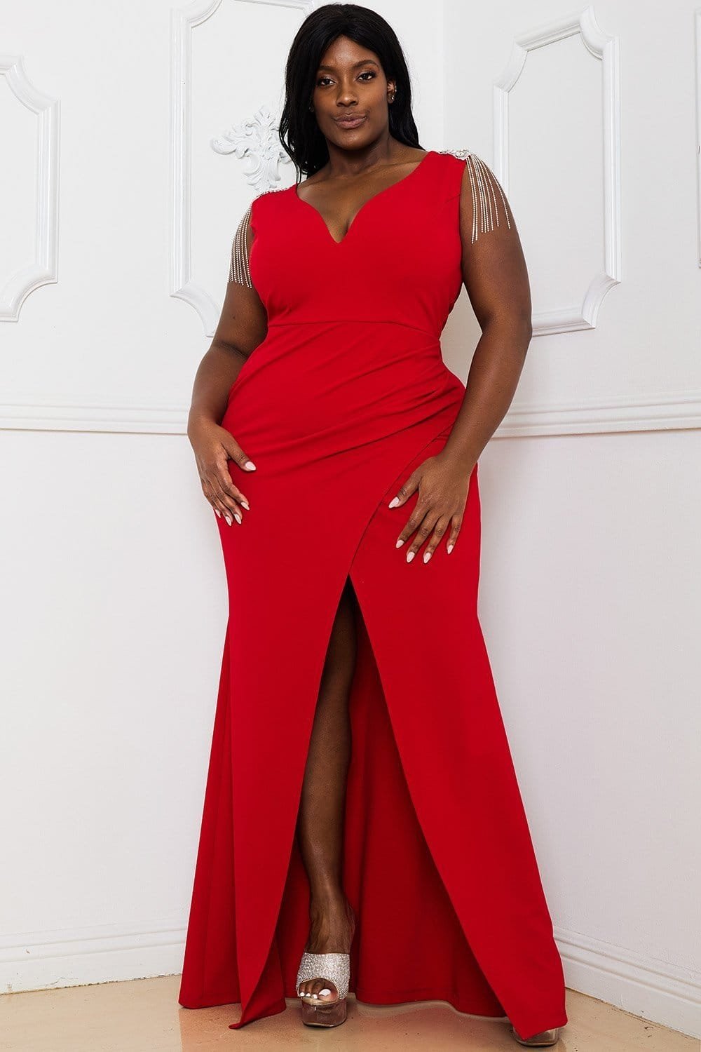 Plus Maxi Dress - Rhinestone Shoulder Wrap Skirt With Fringe Detail BOUTINIE