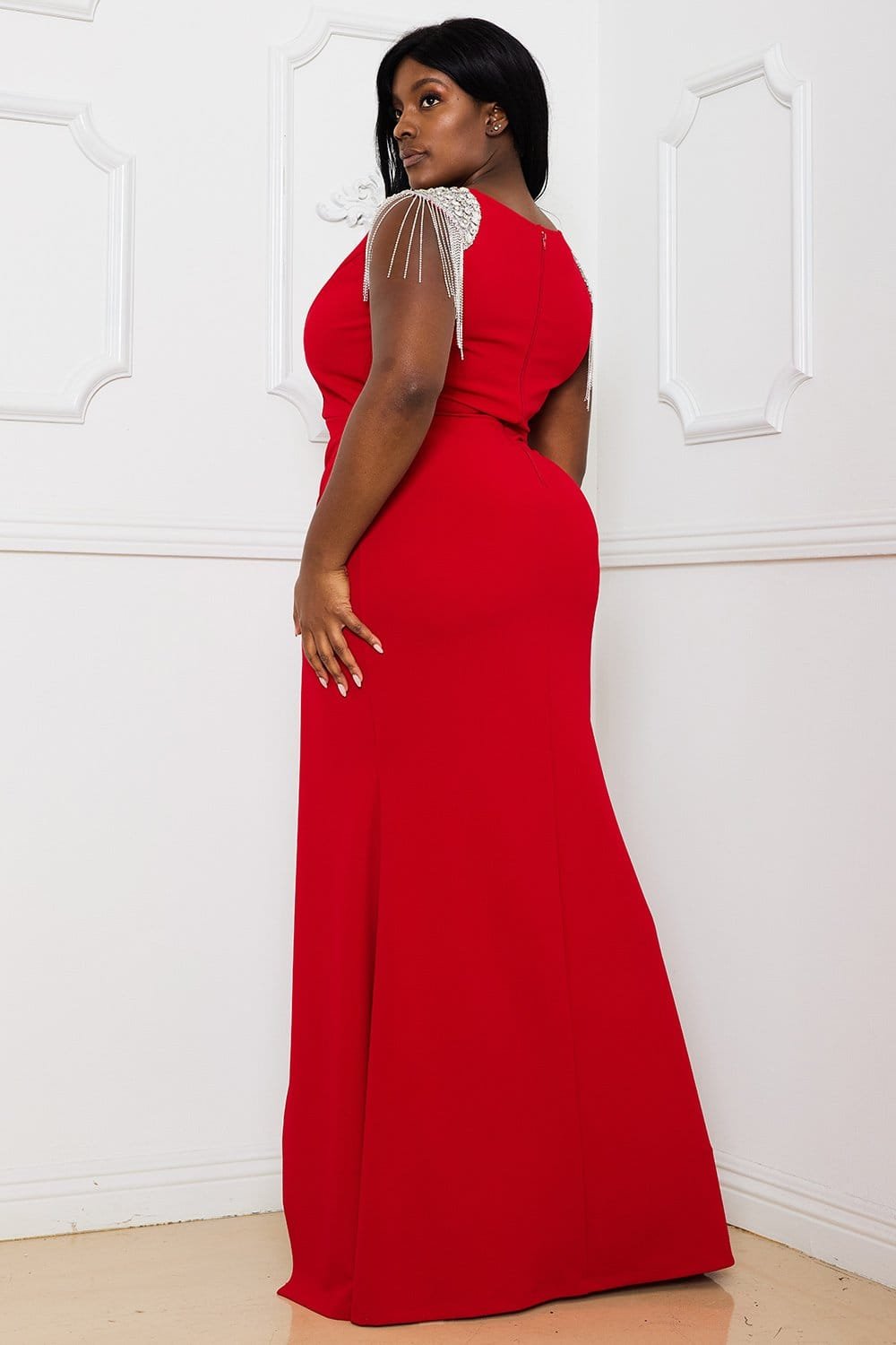 Plus Maxi Dress - Rhinestone Shoulder Wrap Skirt With Fringe Detail BOUTINIE