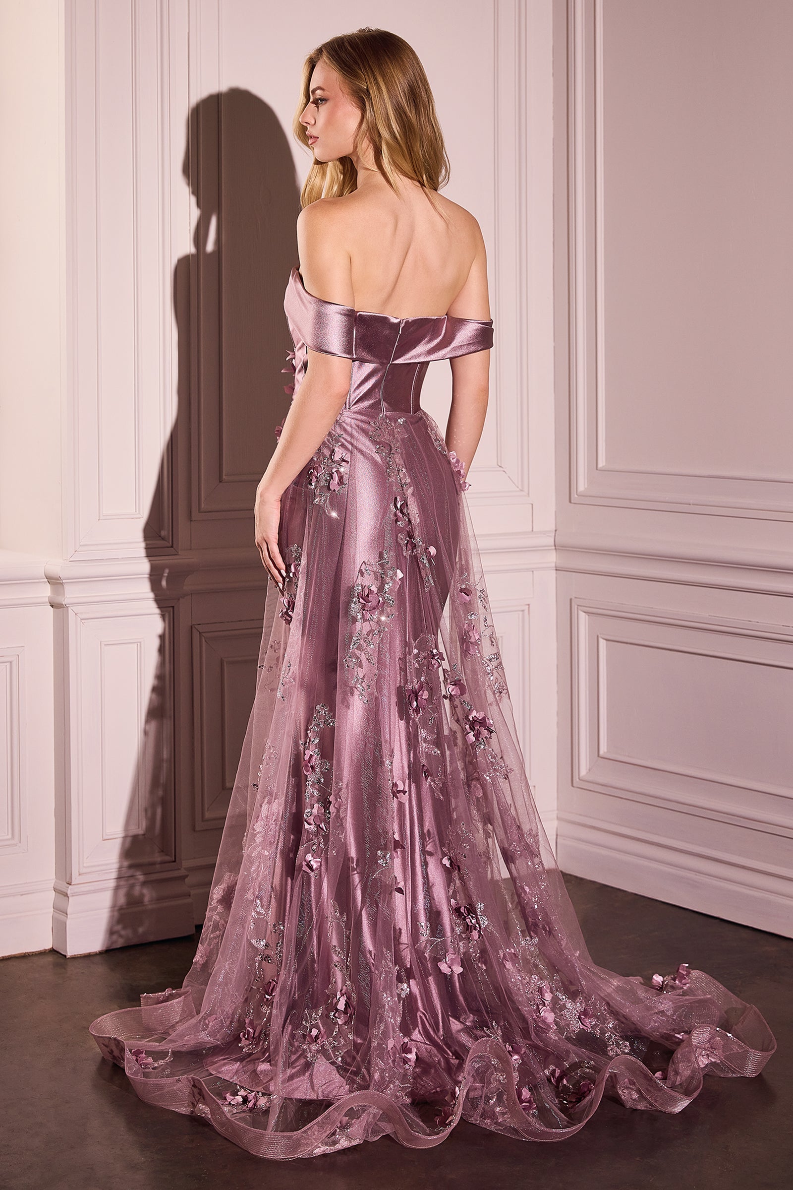 Satin Off Shoulder Tulle Overskirt Gown by Ladivine J876